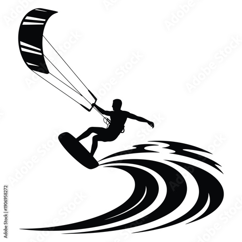 Silhouette of Kitesurfer Riding Waves – Extreme Water Sports Vector Illustration, Kiteboarding Action Scene, Ocean Adventure, Summer Beach Sport and Outdoor Lifestyle Design