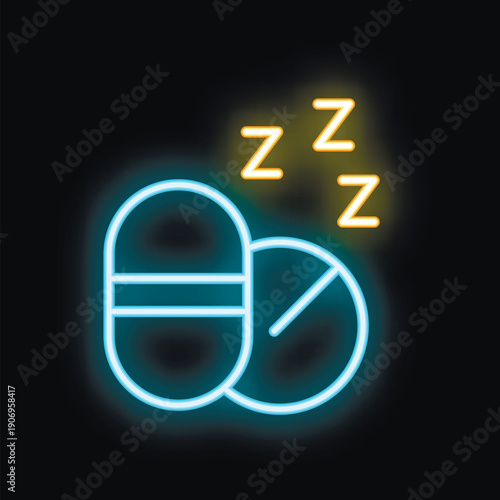Blue neon sleeping pills glowing on dark background representing concept of sleep disorder treatment