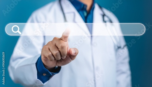 doctor pressing by finger to find inforamtion on virtual search bar wtih copy space background medical assistance and emergency on online internet concept website and home page research button