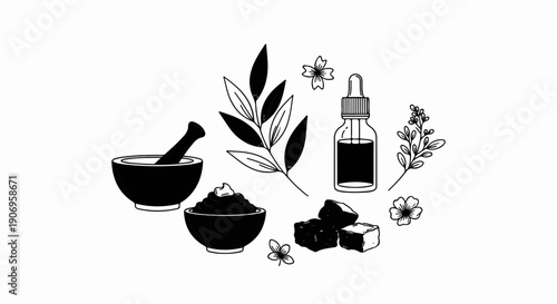 Organic ingredients for beauty products mortar, herbs, oil, cream, stones