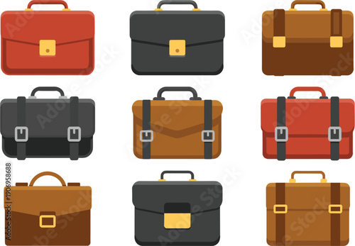 Set of professional business briefcases and office bags in various colors for corporate work and travel illustrations