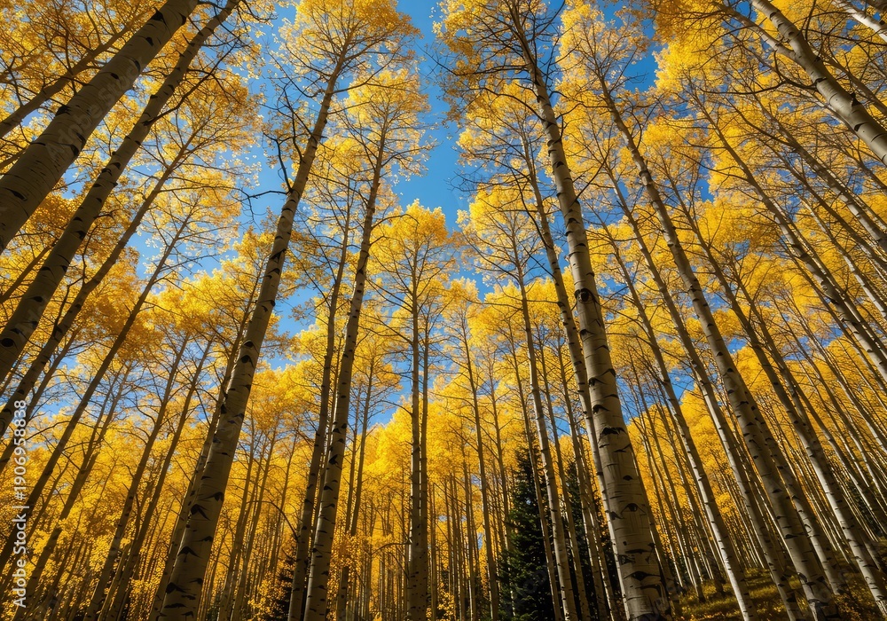 Naklejka premium A dense grove of tall aspen trees displaying brilliant golden yellow leaves under a clear blue sky during the peak of the beautiful fall season ,brilliant ,environment ,landscape