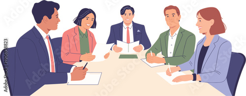 Set of professional business people sitting at a desk and having a meeting for corporate teamwork brainstorming and strategic planning flat vector illustration