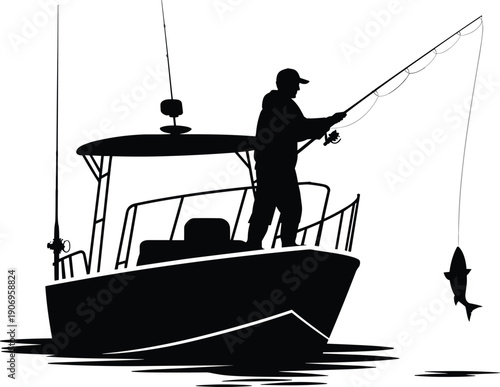 Sport fishing silhouette vector illustration, angler catching fish from boat, black minimalist marine activity scene, recreational ocean fishing graphic design
