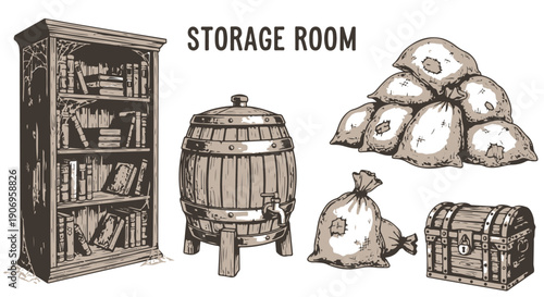 Hand drawn vintage storage room elements set with bookcase, barrel, sacks, and chest isolated PNG with Transparent Background