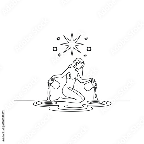 Woman pouring water from two jugs into pools on the ground under a star