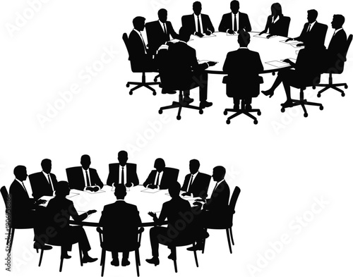 Set of professional business team silhouettes sitting around a round table for a conference meeting, corporate board of directors discussing strategy vector illustration isolated on white