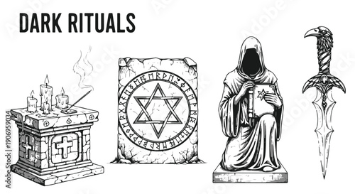 Set of 'DARK RITUALS' Hand Drawn Illustrations: Mystical Altar, Cloaked Figure, Runic Tablet, and Dagger isolated PNG with Transparent Background