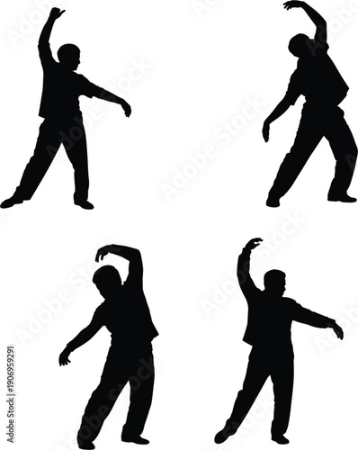 Set of professional male silhouettes performing tai chi or morning gymnastics exercises for wellness health balance and martial arts concept flat vector
