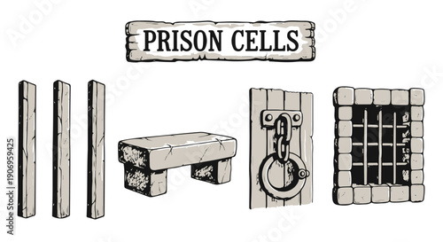 Isolated Hand Drawn Prison Cell Graphic Elements Set with 'PRISON CELLS' Sign, Bars, Wooden Door, Stone Bench, and Barred Window isolated PNG with Transparent Background