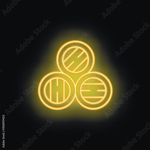 Neon sign depicting three stacked whiskey barrels is glowing on a black background