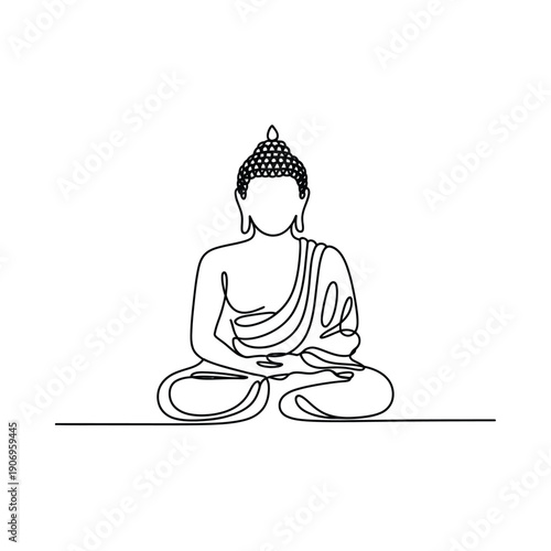 Buddha statue sitting in meditation on the floor  peaceful and serene  line art