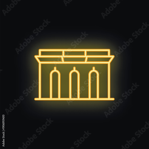 Glowing neon line icon of a stadium with bright yellow light on a black background