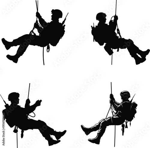 Set of tactical soldier silhouettes rappelling with ropes and military gear, commando special forces climbing and abseiling vector illustrations for mission