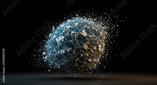 Abstract geometric shape slowly disintegrating into scattered, random particles representing the universal tendency towards disorder and decay ,chaos ,time ,randomness