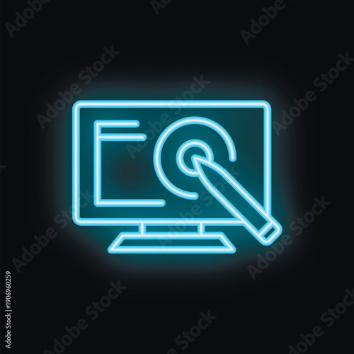 Neon blue icon of a computer monitor displaying a vector editing program with a pen tool active