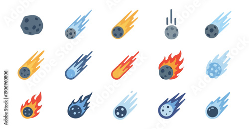 Meteorite icons celestial objects in varied styles for space themes