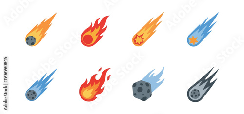 Meteorite illustrations in various colors on black background