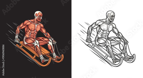 Illustration of a muscular man sledding down a hill with prosthetic leg.