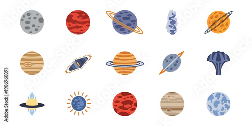 Planets and celestial bodies illustration set graphic elements design