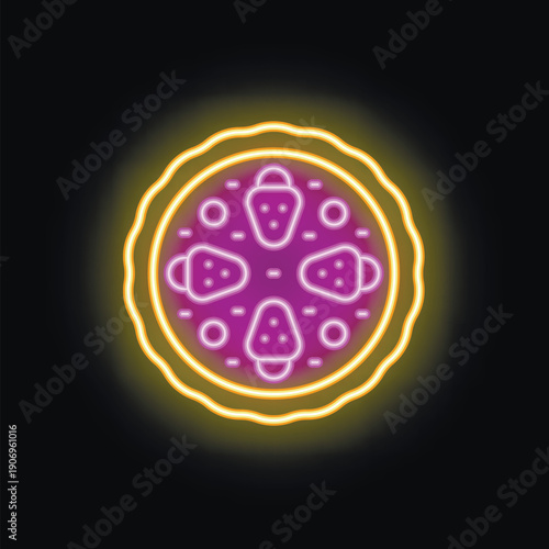 Vibrant neon sign depicting a tempting strawberry cake, emitting a warm, inviting glow against a dark backdrop