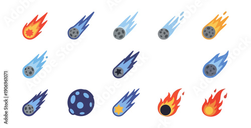 Stylized colorful comet illustrations on black background