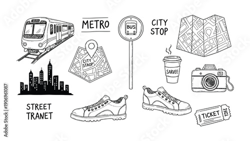 Urban Exploration: An ink drawing showcasing a collection of city exploration elements like subway, street train, map, bus stop, and shoes, with hints of the vibrant city life.
