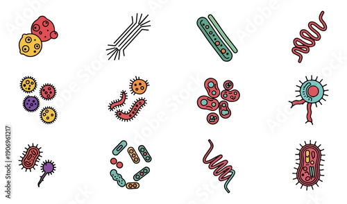 Illustrated microorganisms set on black background
