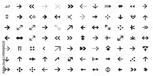 Vector mega set of 84 black minimalist arrow icons, collection of geometric navigation symbols and UI interface pointers for web and app design.