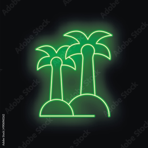 Green neon sign depicting tropical palm trees growing on small islands, evoking a sense of summer vacation and exotic destinations
