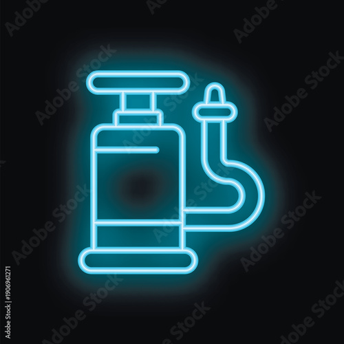 Blue neon sign of a manual air pump on a black background, great for a garage or mechanic shop