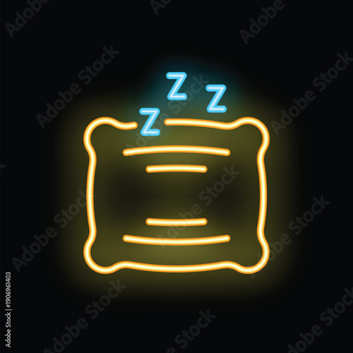 Neon pillow is glowing on dark background with zzz signboard for sleep time concept