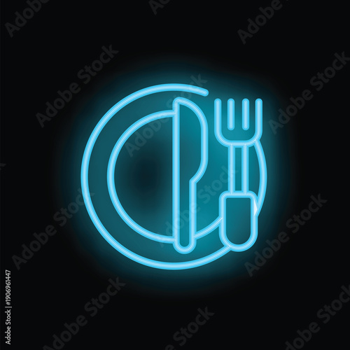 Blue neon sign illuminating a fork and knife besides an empty plate, against a black background