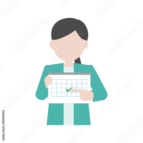 カレンダーの完了日を指差しする女性アイコン（チェック）