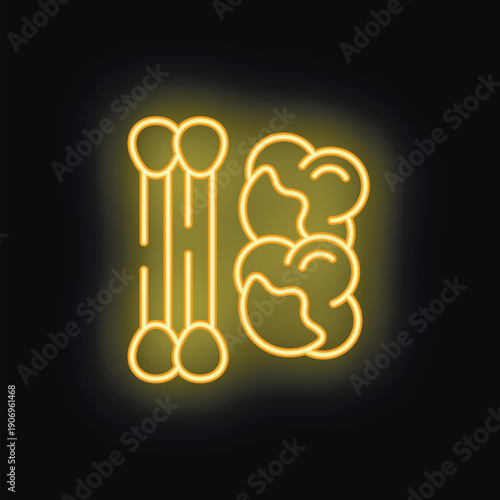 Yellow neon icon representing the concept of ear cleaning, featuring cotton buds and a symbolic representation of ear wax