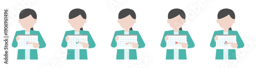 カレンダーを指差しする女性のアイコン5種セット（締切・完了・注意・期限切れ）