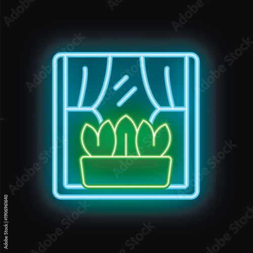 Neon sign of a window with drawn curtains and a potted plant on the windowsill