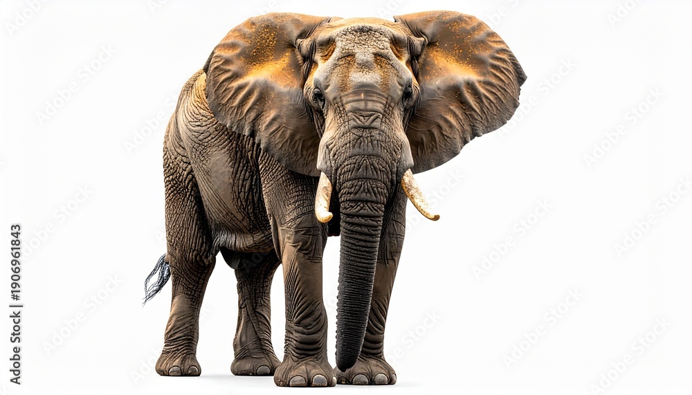 Fototapeta premium Majestic African Elephant Standing Tall on White Background, Showcasing its Impressive Size and Powerful Presence in a Detailed Portrait