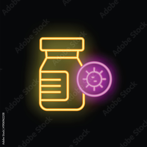 Neon icon of a medical vial with covid virus sign displaying vaccination
