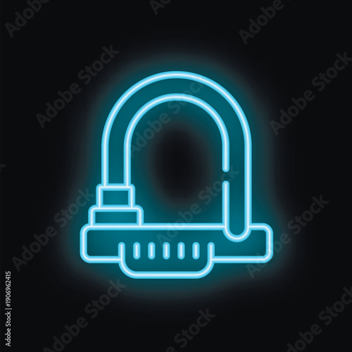 Blue neon icon of a bicycle u lock glowing on black background