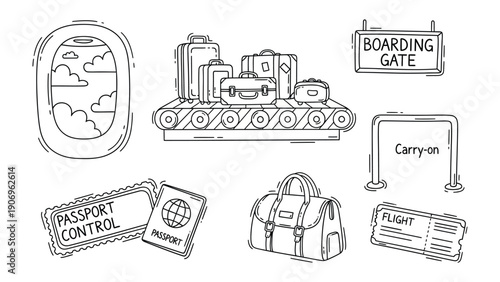 Journey essentials: A collection of travel-related doodles featuring the vital elements needed for an airplane flight, including suitcases, a passport, a boarding gate sign, and a carry-on area sign.