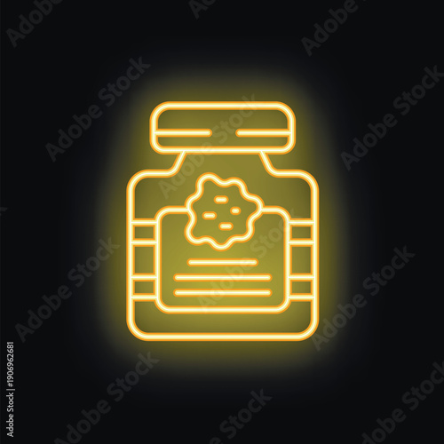Yellow glowing neon icon of a jar containing medical marijuana showing its thc level