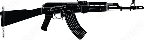 Black and white silhouette illustration of an assault rifle