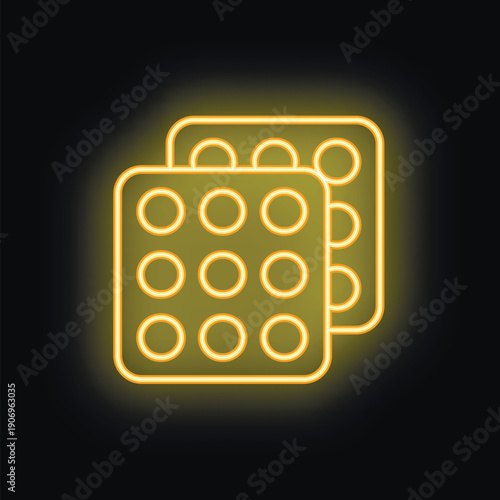 Neon sign of pills blister glowing on black brick wall, concept for pharmacy, drug, medicine