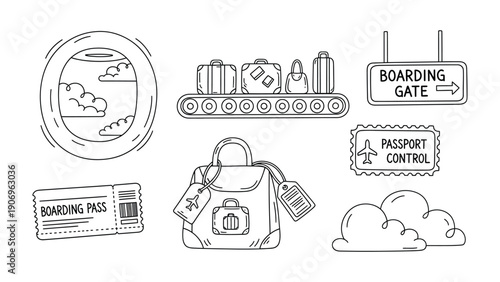 Travel Essentials: A collection of essential travel icons, including luggage on a conveyor belt, a boarding pass, a boarding gate sign, passport control stamp, a carry-on bag.