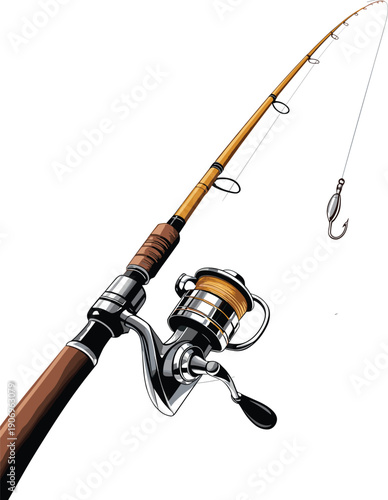 Professional fishing rod with spinning reel and hook for outdoor recreation hobby sport fishing equipment leisure activity and summer adventure, flat vector illustration