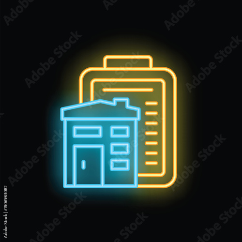Neon icon showing a house and a clipboard, representing a building permit