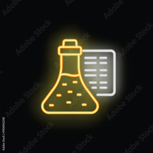 Glowing neon icon of a scientific experiment with an erlenmeyer flask and data analysis