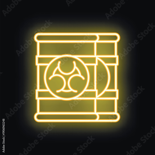 Bright neon icon of a yellow barrel containing dangerous biohazard material, warning against contamination