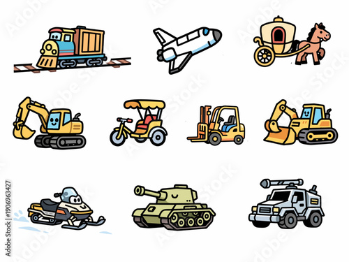 A variety of transportation vehicles and construction machines.